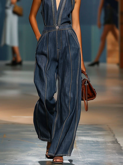 Plunging Halter Stitched Pleated Sleeveless Wide Jumpsuit