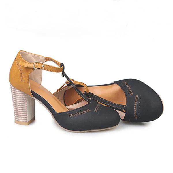 Round Toe Perforated Block Heel T Strap Heels