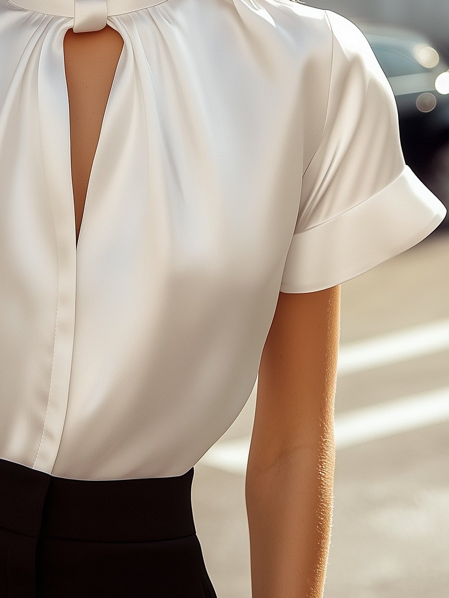 High Neck Keyhole Pleated Cuffed Blouse