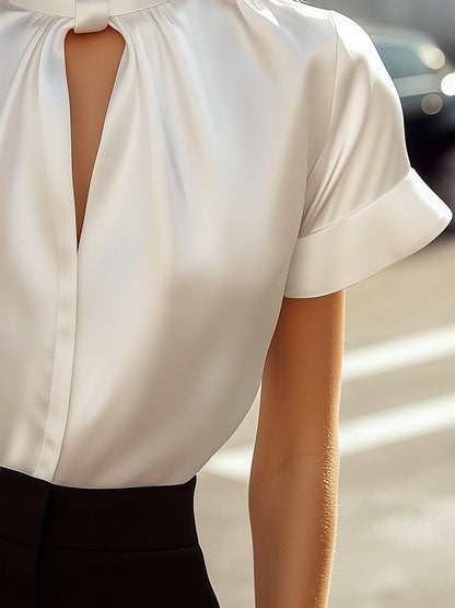 High Neck Keyhole Pleated Cuffed Blouse