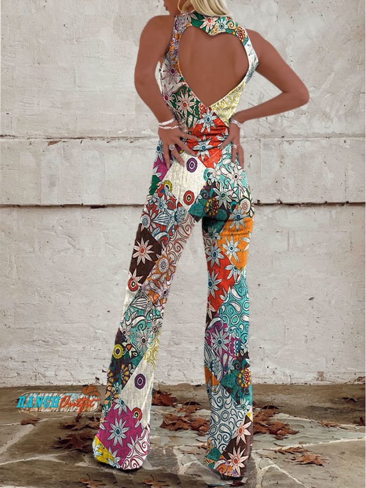 Sleeveless Open Fitted Flared Long Patterned Jumpsuit