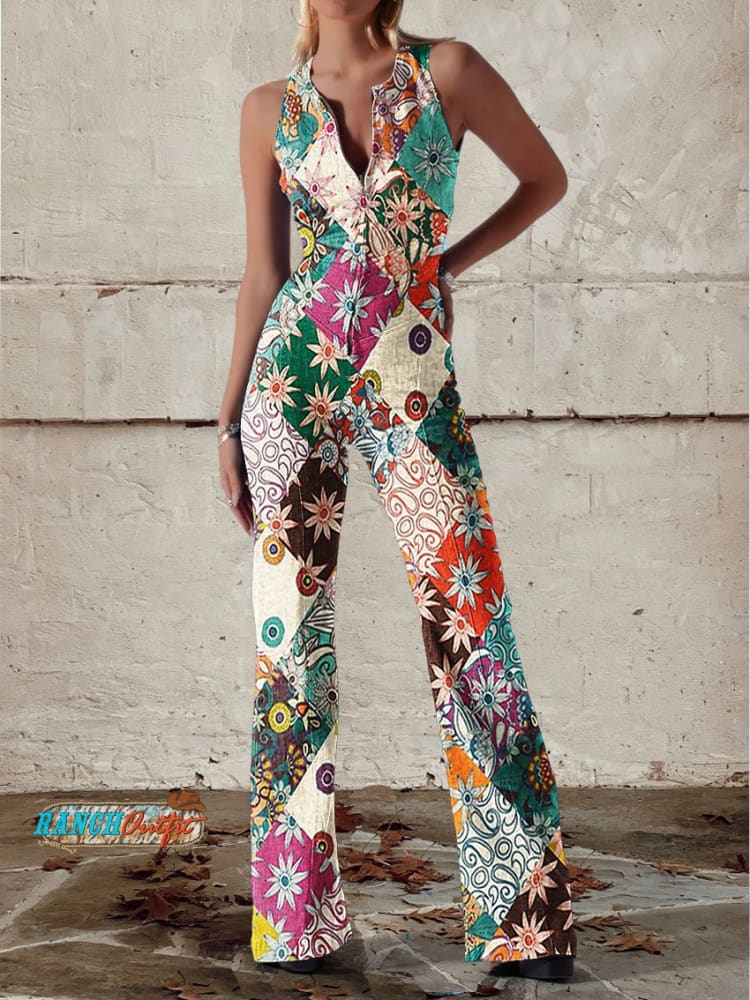 Sleeveless Open Fitted Flared Long Patterned Jumpsuit
