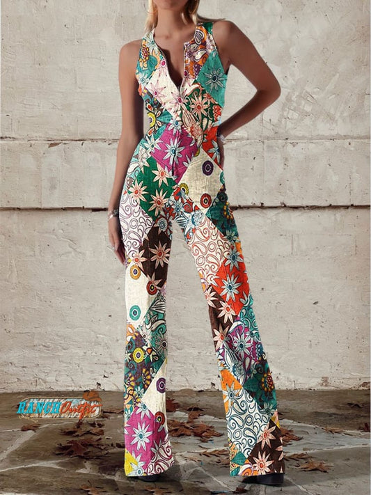 Sleeveless Open Fitted Flared Long Patterned Jumpsuit