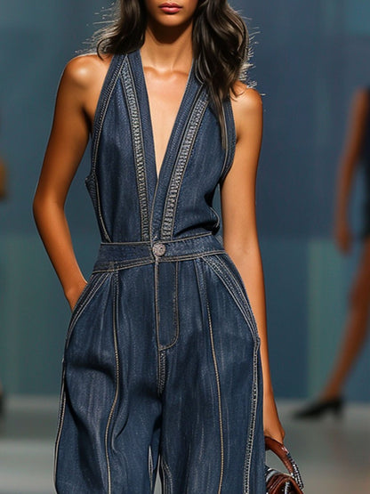 Plunging Halter Stitched Pleated Sleeveless Wide Jumpsuit