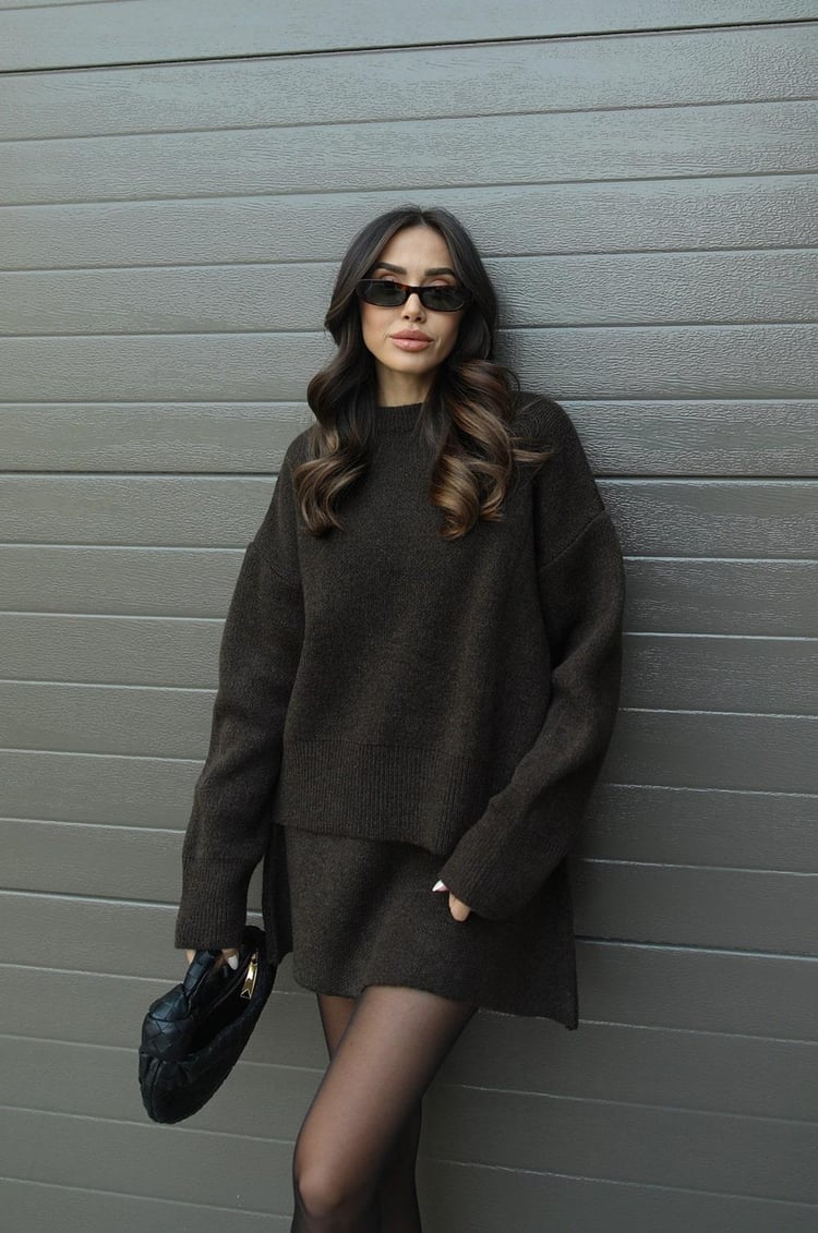 Crew Neck Long Sleeve Sweater and Mini Skirt Set For Women