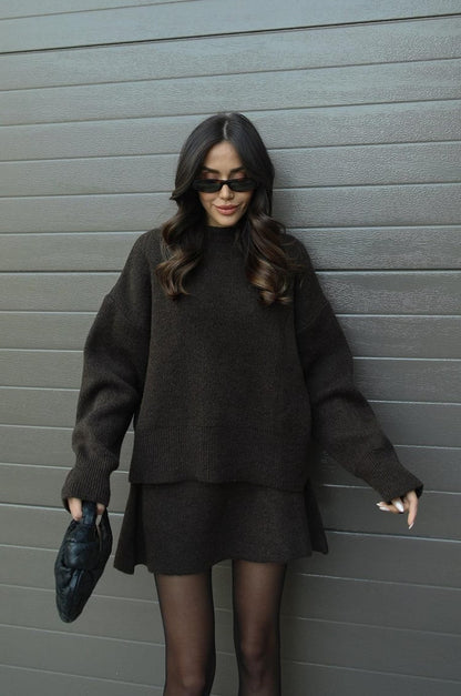 Crew Neck Long Sleeve Sweater and Mini Skirt Set For Women