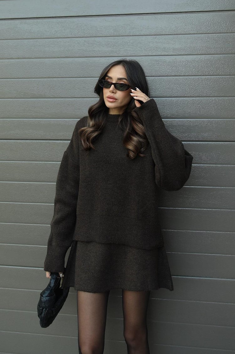 Crew Neck Long Sleeve Sweater and Mini Skirt Set For Women