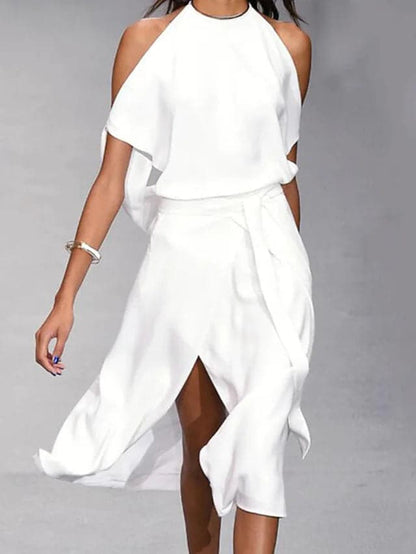 Halter Draped Belted Slit Midi Dress