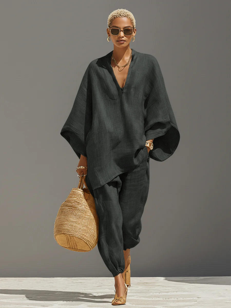 Loose Oversized Notched Wide Tapered Gathered Set