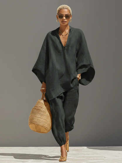 Loose Oversized Notched Wide Tapered Gathered Set