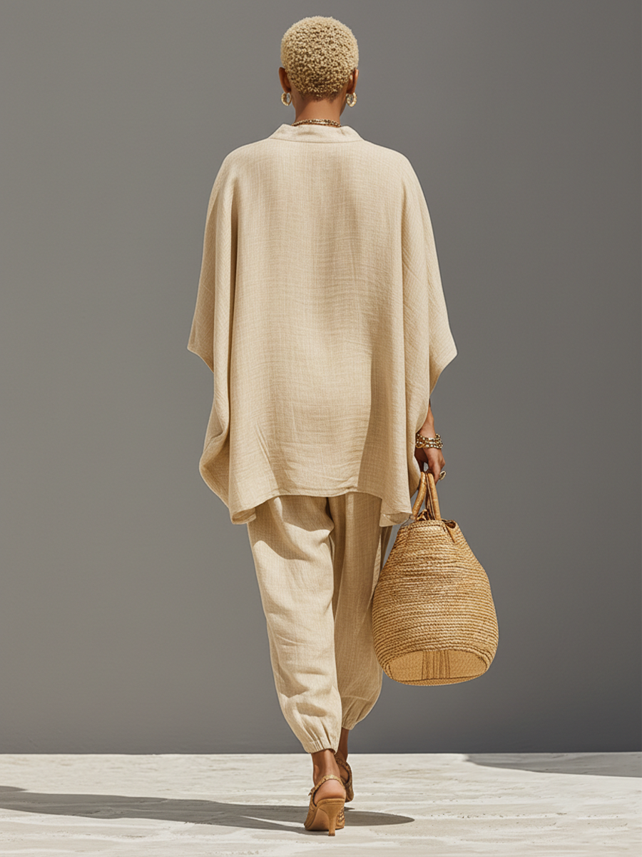 Loose Oversized Notched Wide Tapered Gathered Set