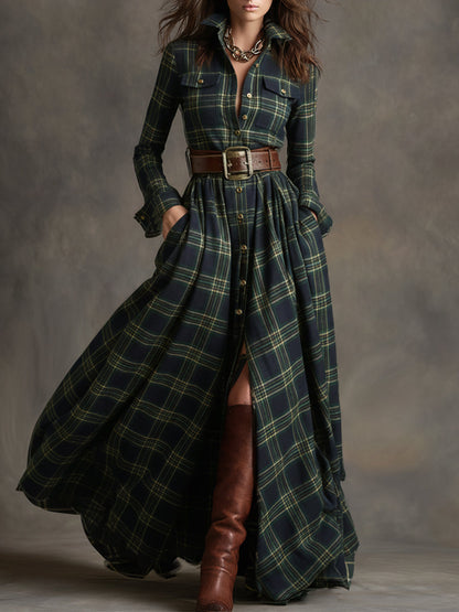 Collared Long Sleeved Plaid Pocketed Maxi Dress