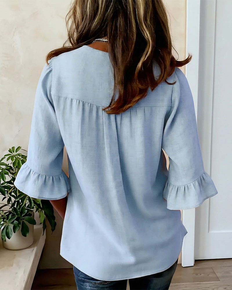 V Neck Button Detail Ruffle Sleeve Top