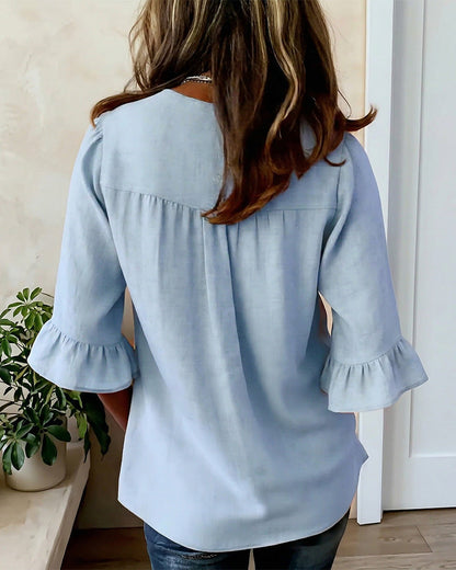 V Neck Button Detail Ruffle Sleeve Top