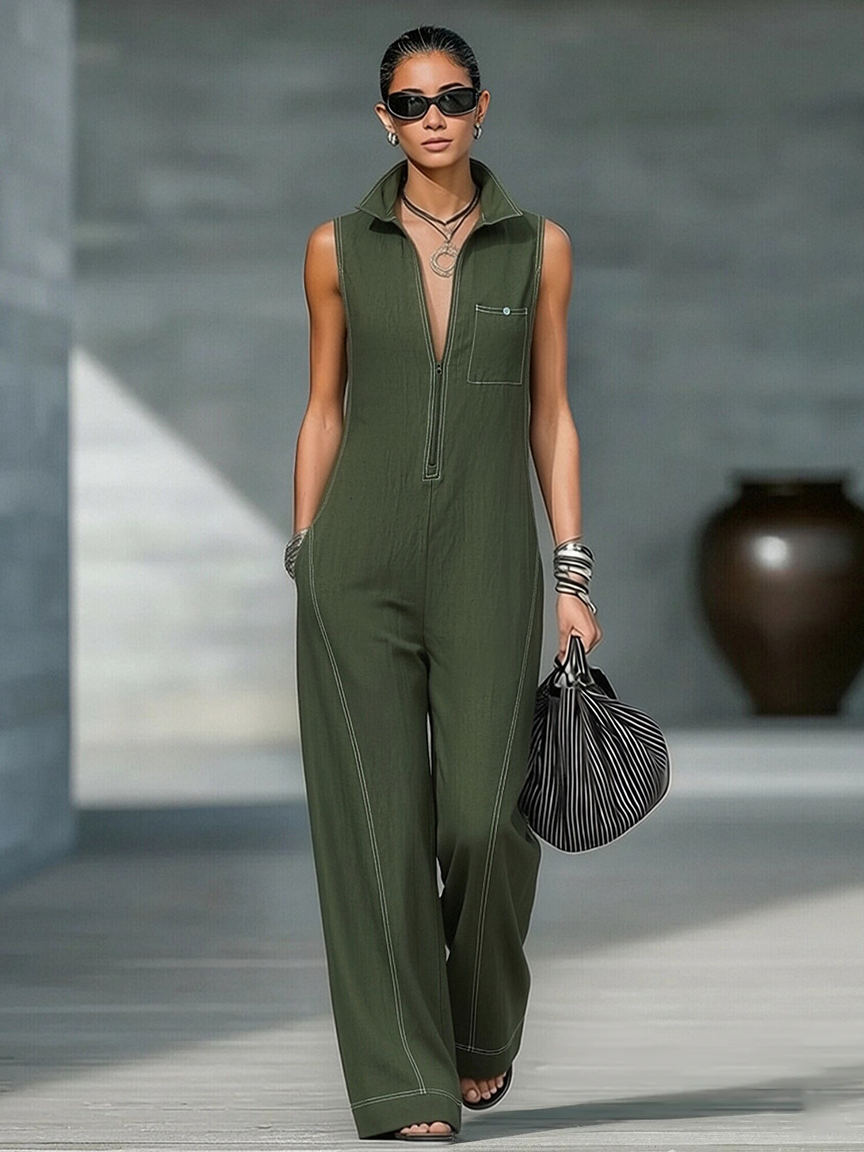 Sleeveless Contrast Stitch Wide Leg Jumpsuit