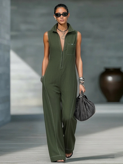 Sleeveless Contrast Stitch Wide Leg Jumpsuit