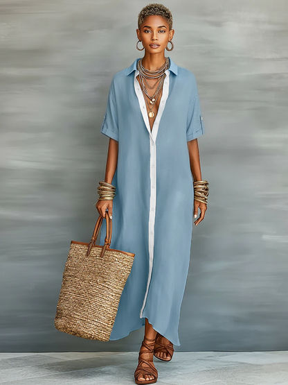 Collar Button Placket Short Sleeve Maxi Dress