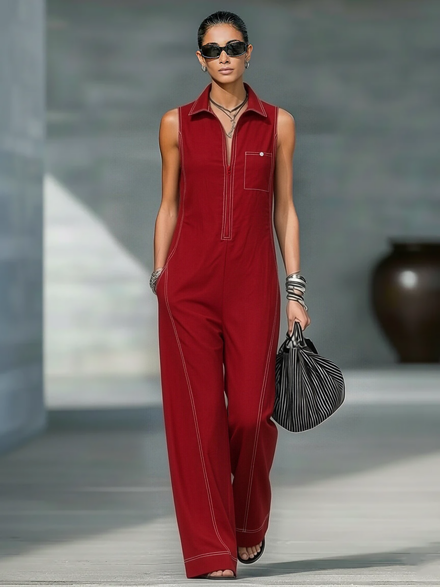 Sleeveless Contrast Stitch Wide Leg Jumpsuit
