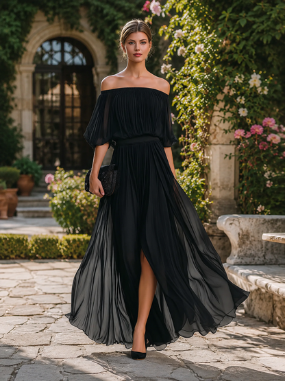 Off Shoulder Balloon Sleeve Pleated Dress