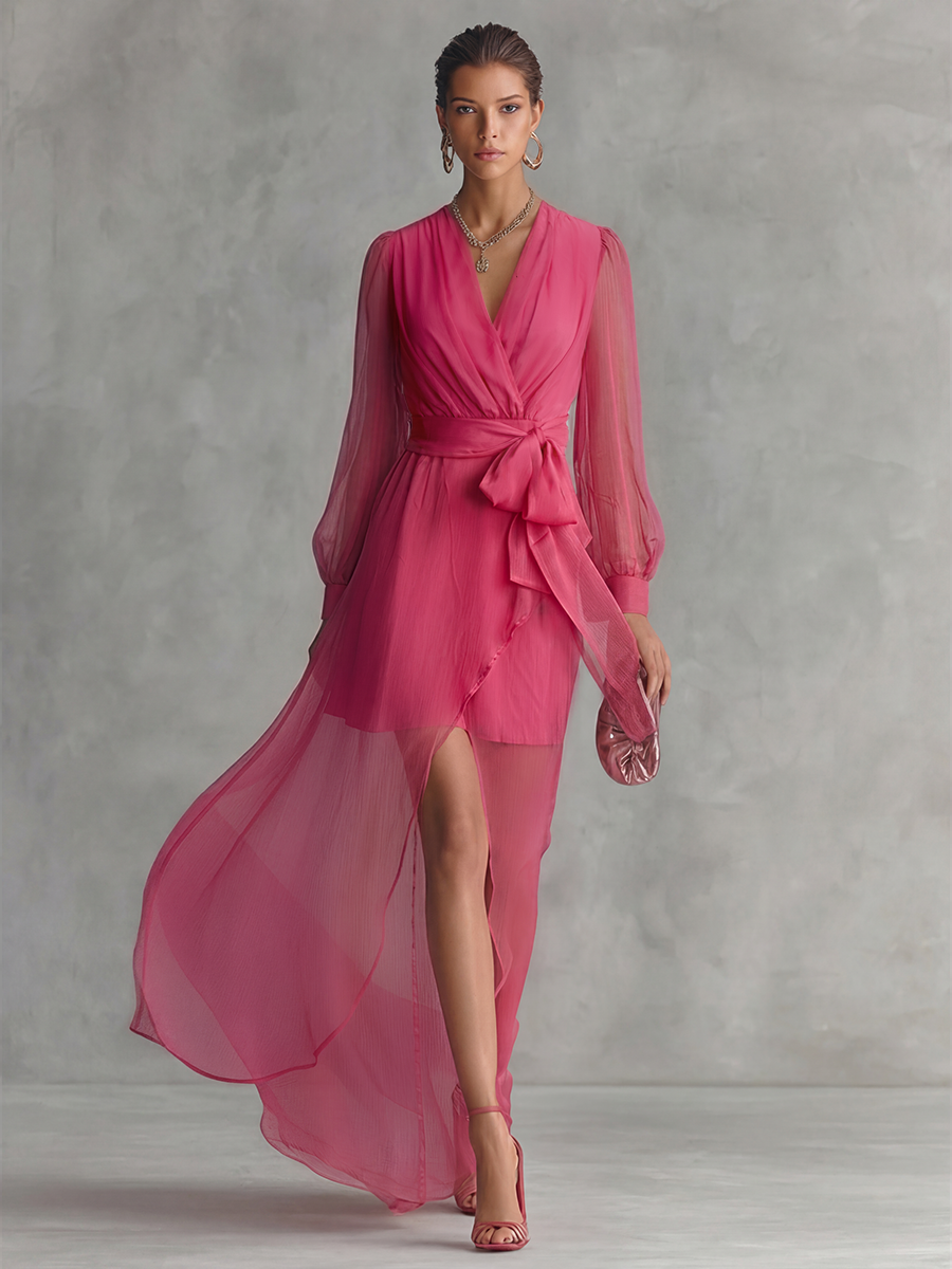 Cuffed Long Sleeve Plunging Neckline Floor Length Dress