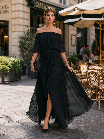Off Shoulder Balloon Sleeve Pleated Dress
