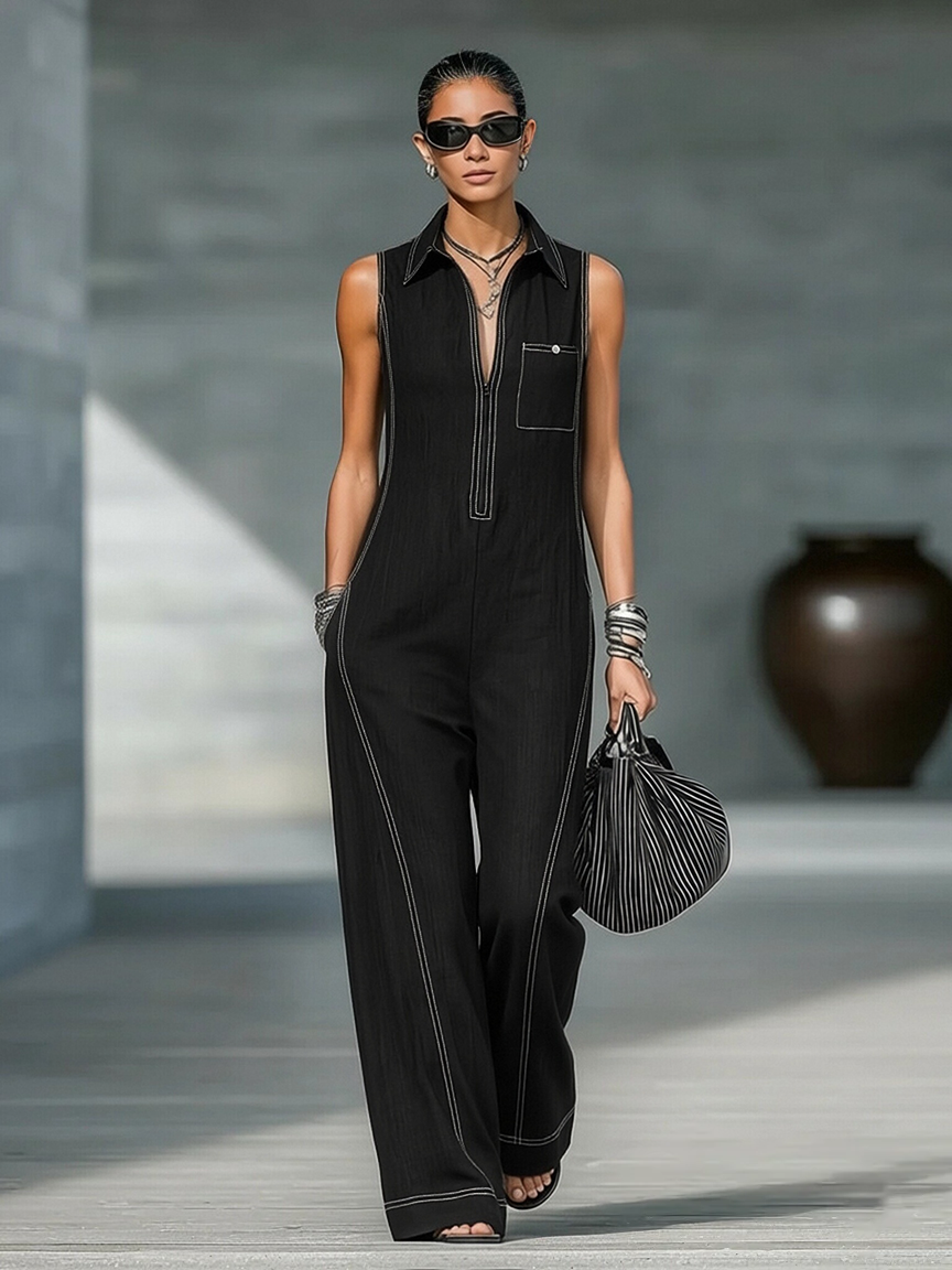 Sleeveless Contrast Stitch Wide Leg Jumpsuit