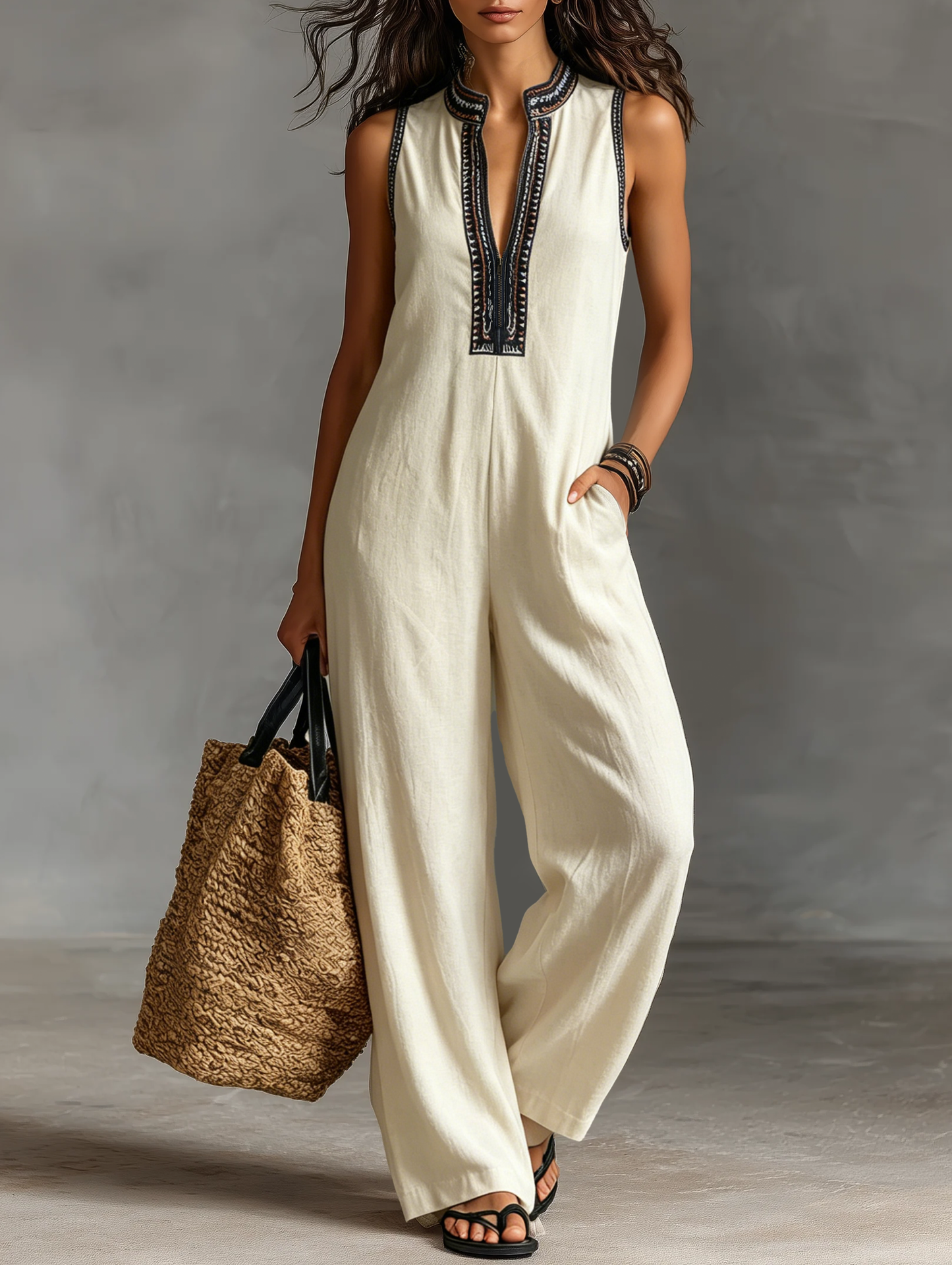 Embroidered Neckline Sleeveless Wide Leg Jumpsuit