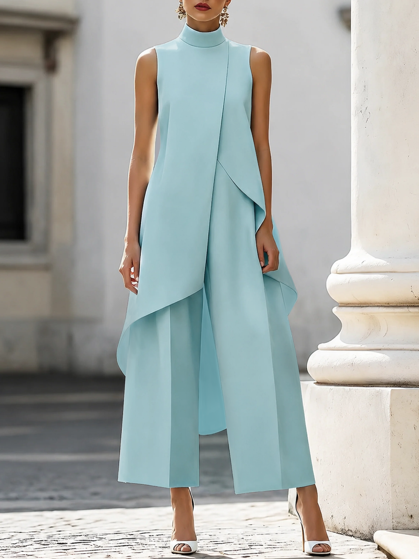 Asymmetric Layered Sleeveless Top & Wide-Leg Trousers Set