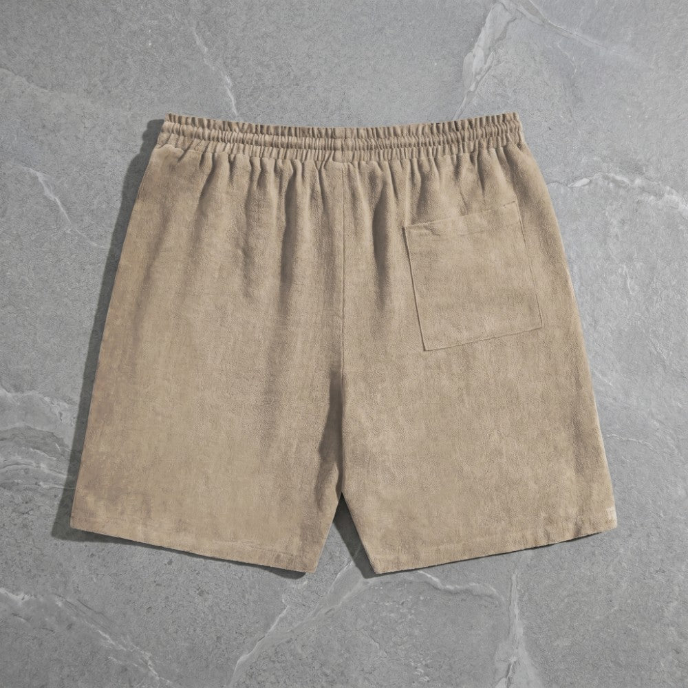 Drawstring Pocketed Solid Textured Loose Straight Shorts