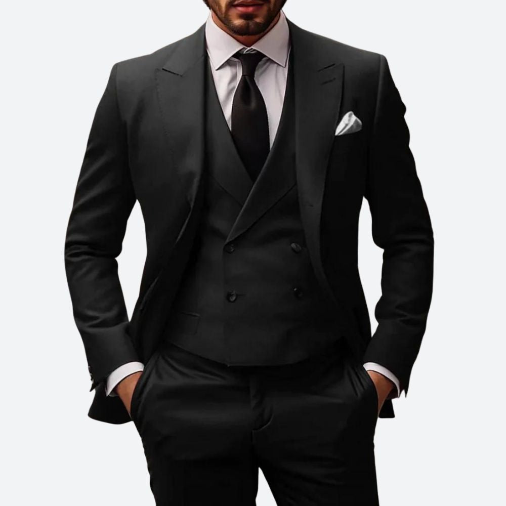 Button Front Tailored Flap Pocket Three Piece Suit Set