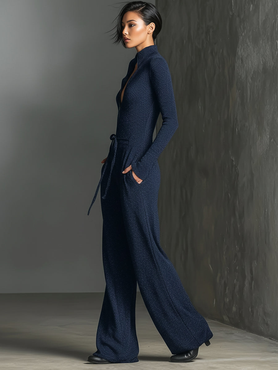 Zippered High Neck Long Sleeve Wide Leg Jumpsuit