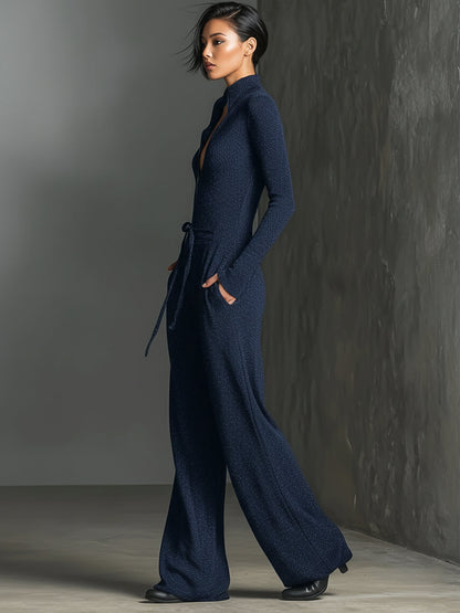 Zippered High Neck Long Sleeve Wide Leg Jumpsuit