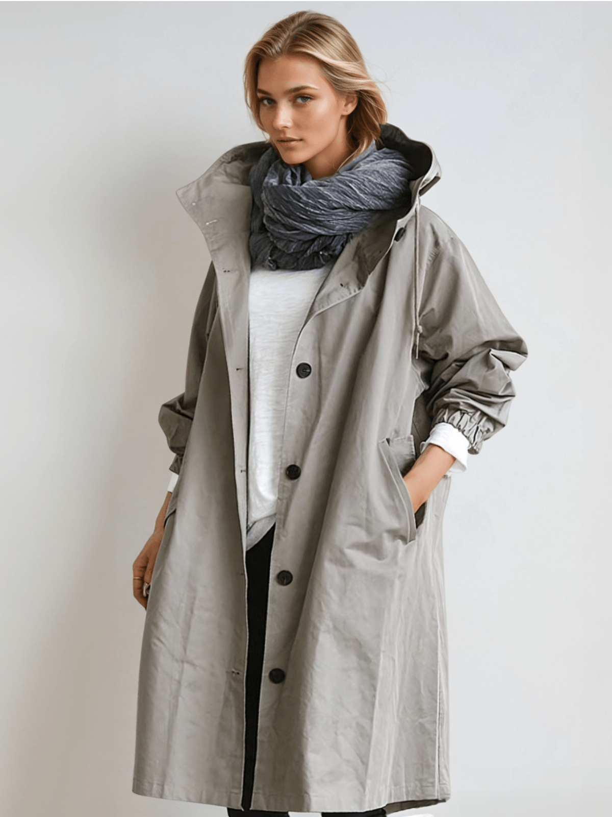Hooded Buttoned Pocketed Relaxed Long Trench Coat