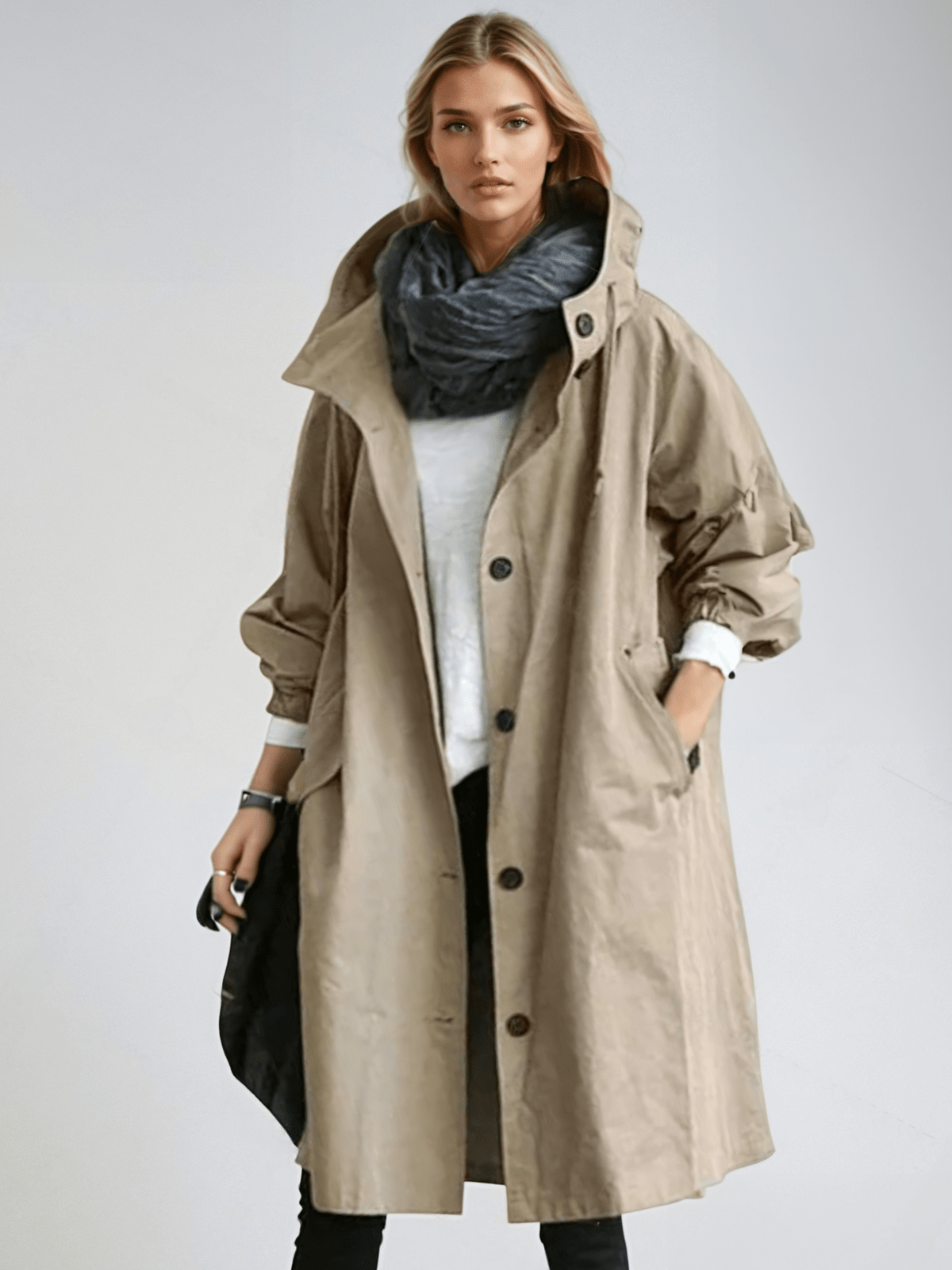 Hooded Buttoned Pocketed Relaxed Long Trench Coat