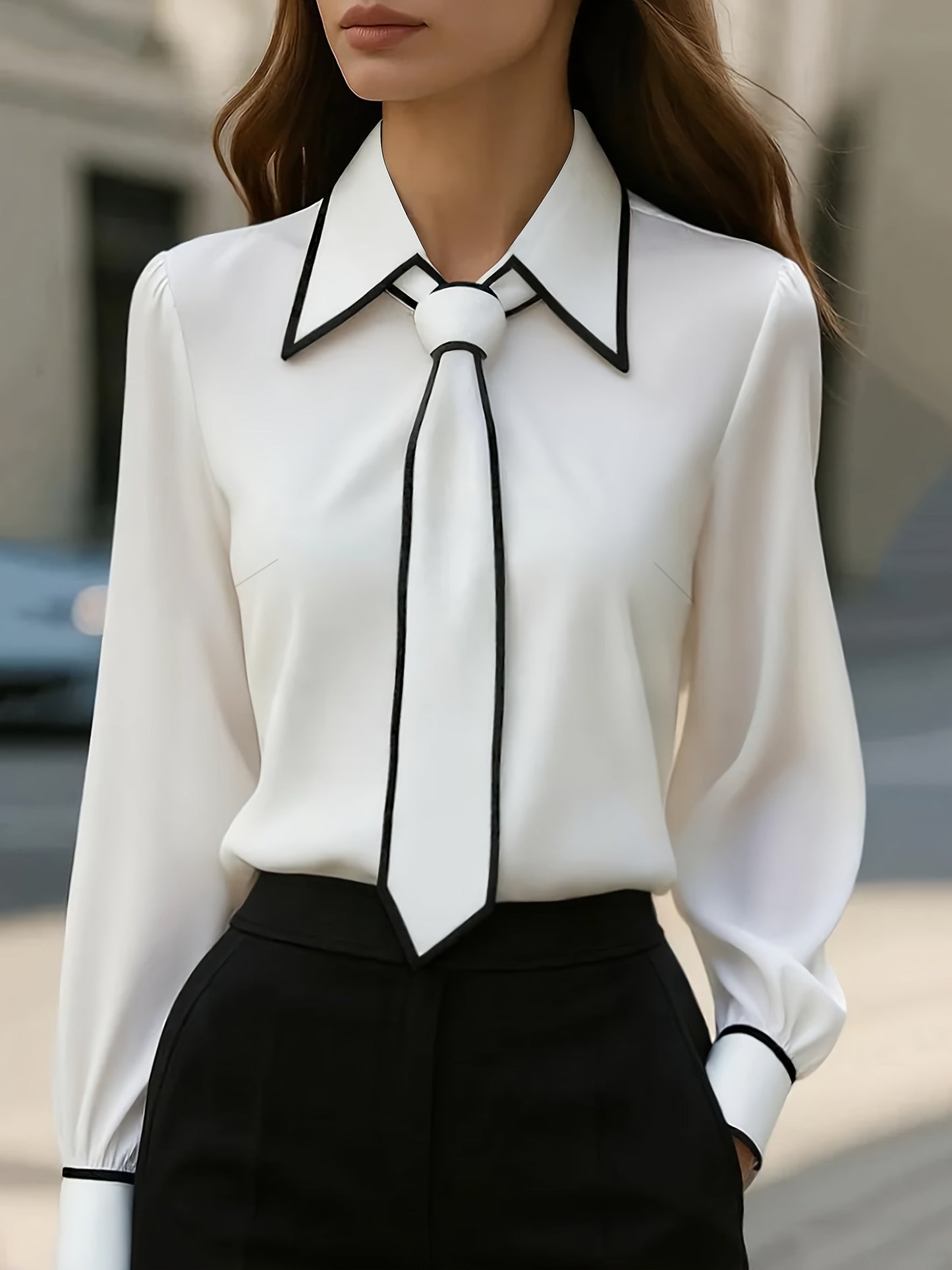 Contrast Trim Collared Tie Neck Blouse