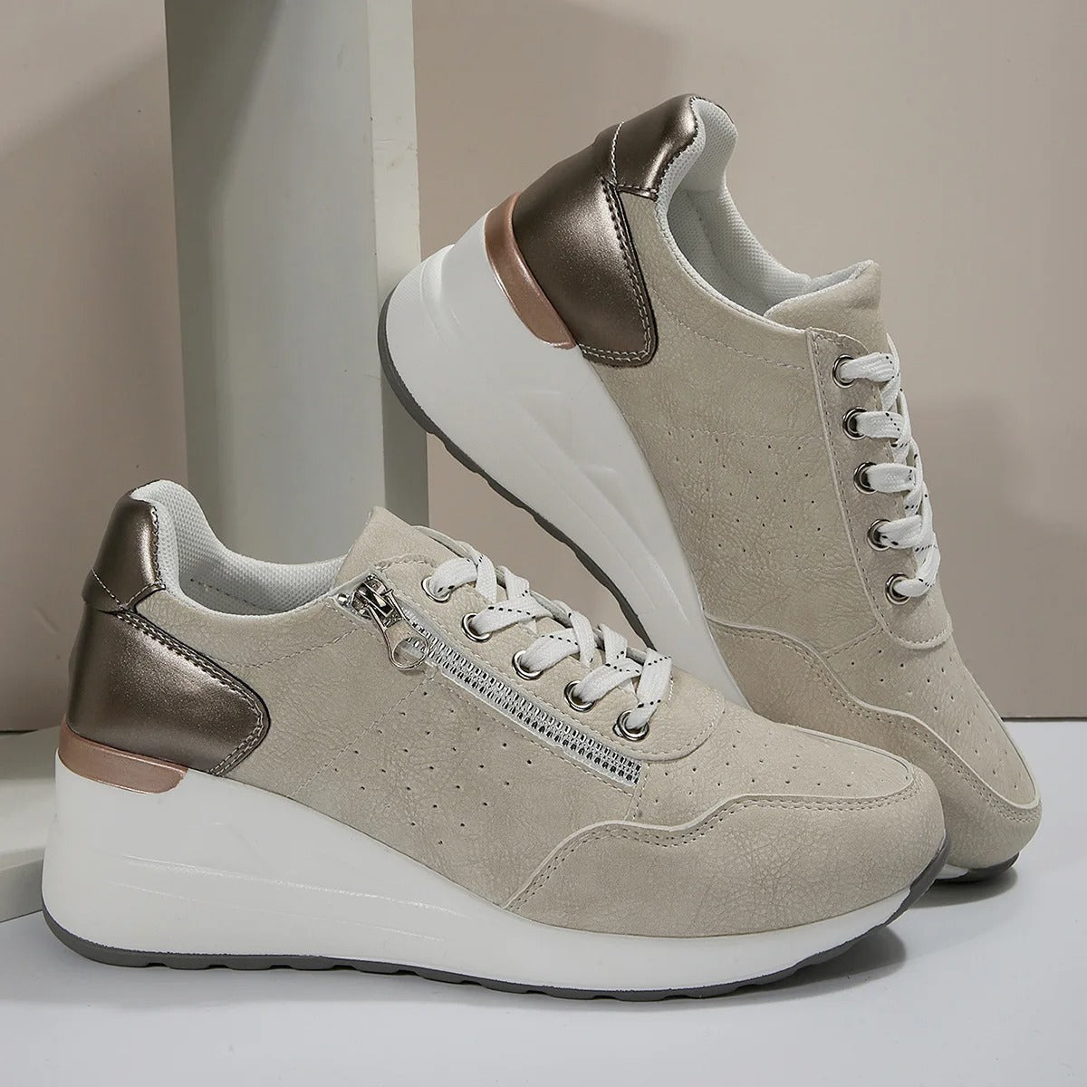 Women's Lace-Up Zip Wedge Platform Walking Sneakers
