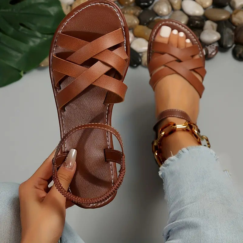 Open Round Flat Strappy Crossed Stitched Sandals