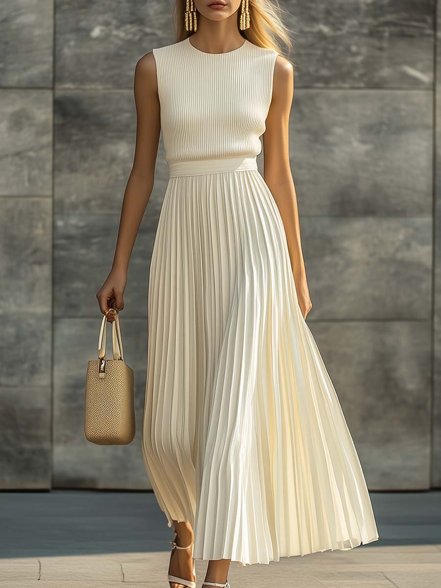 Crew Neck Sleeveless Pleated Maxi Dress