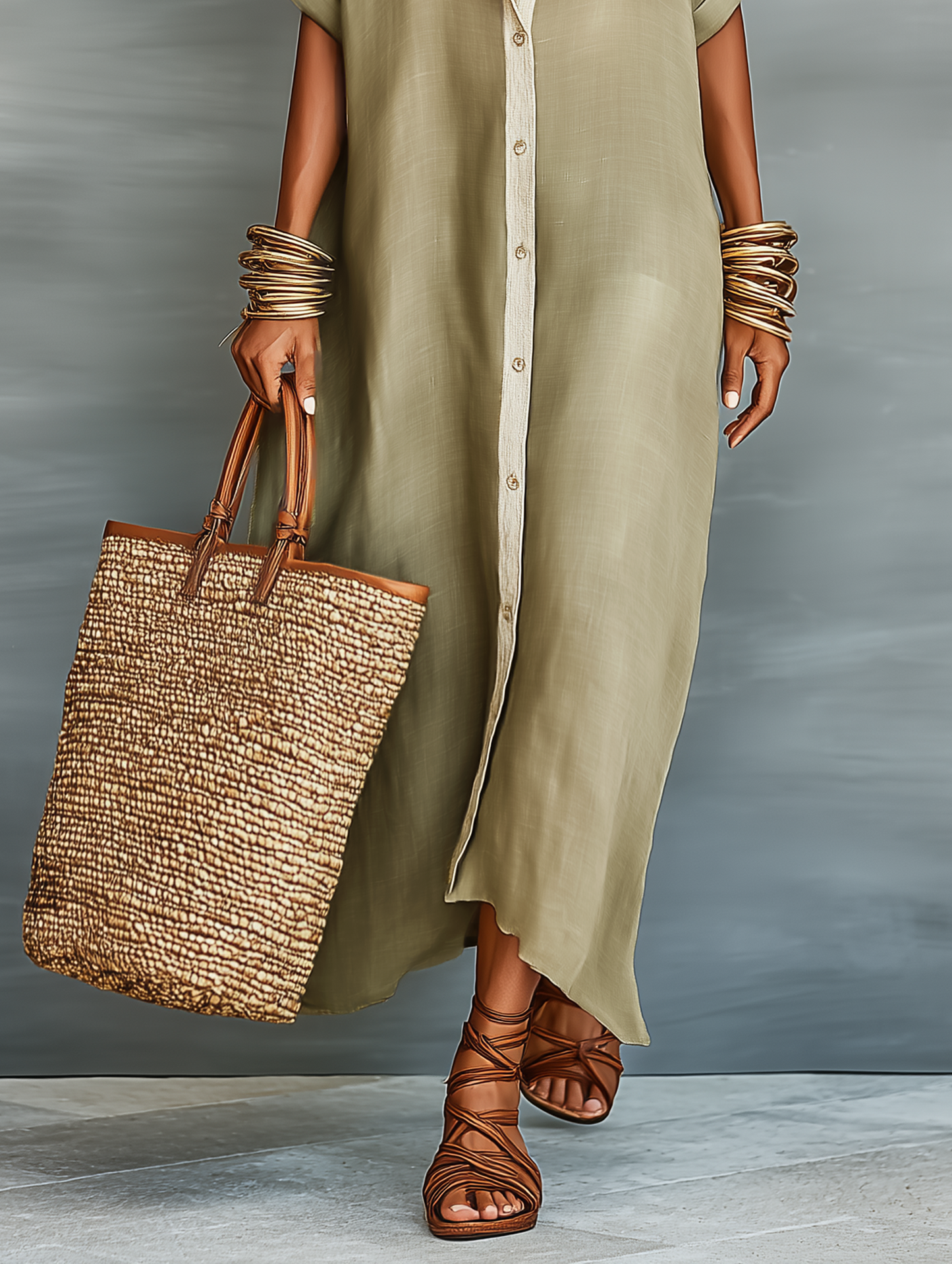 Collar Button Placket Short Sleeve Maxi Dress