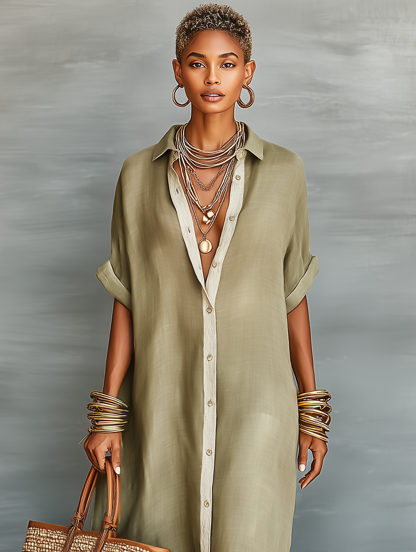 Collar Button Placket Short Sleeve Maxi Dress