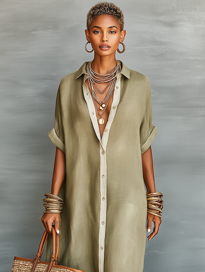 Collar Button Placket Short Sleeve Maxi Dress
