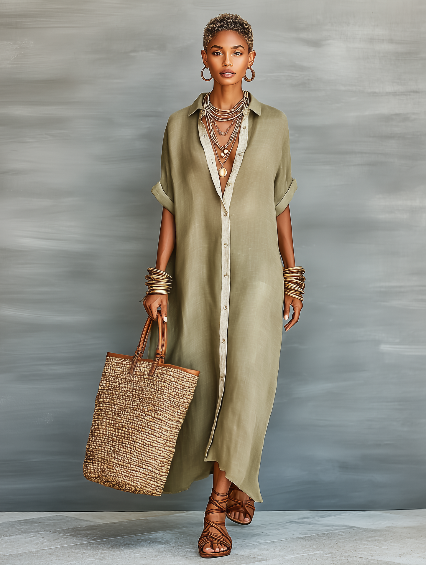 Collar Button Placket Short Sleeve Maxi Dress