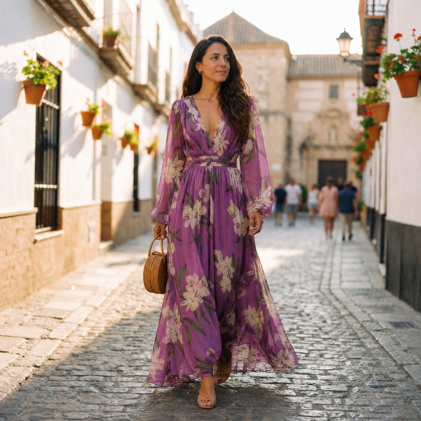 Floral Plunging Banded Pleated Maxi Dress