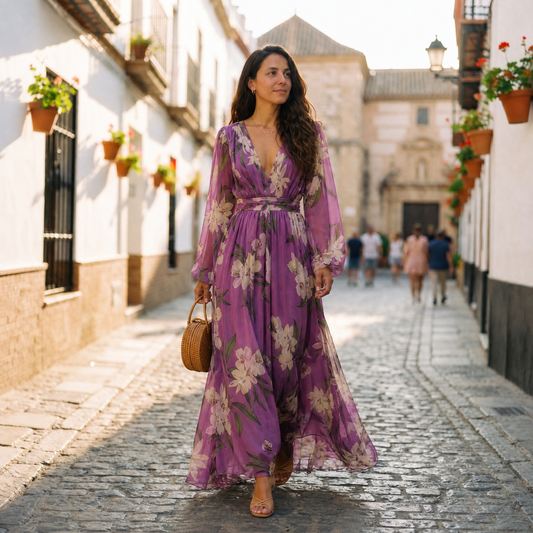 Floral Plunging Banded Pleated Maxi Dress