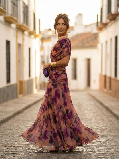 Draped Wrapped Ruched Flowing Maxi Dress