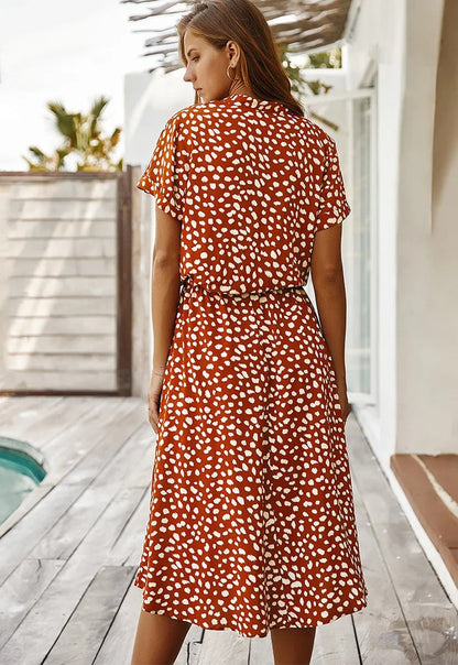 Printed Short Sleeve Drawstring Waist Dress