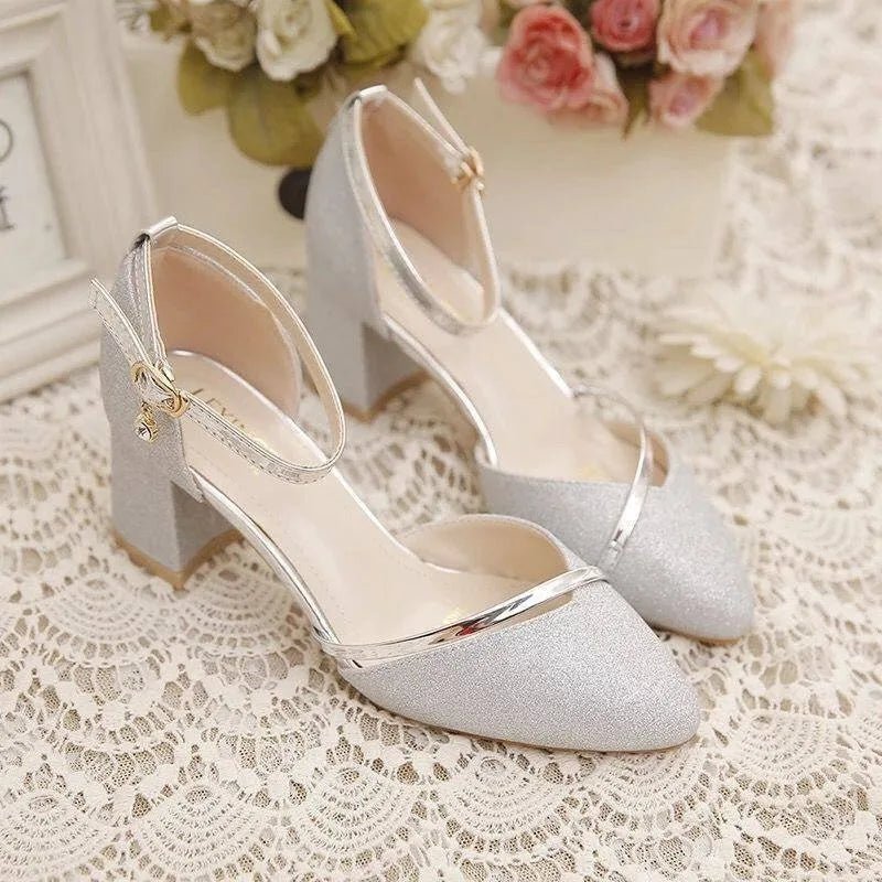 Pointed Thick Open Strappy Textured Covered Heels