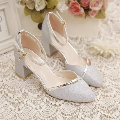 Pointed Thick Open Strappy Textured Covered Heels