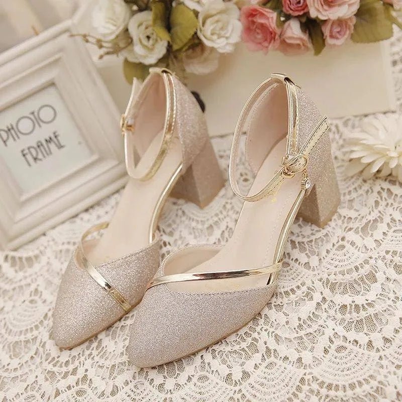Pointed Thick Open Strappy Textured Covered Heels