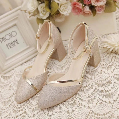Pointed Thick Open Strappy Textured Covered Heels